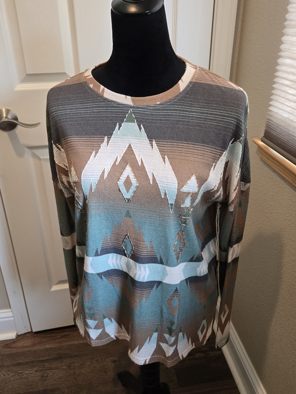 Double D Ranch Southwestern Aztec Print Long Sleeve Top - Teal, Brown, White